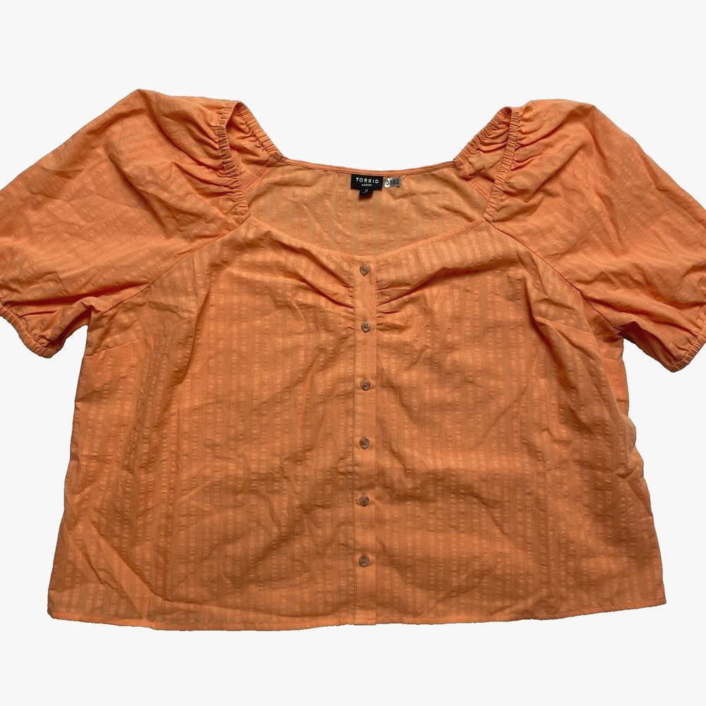 Torrid Cropped Blouse Womens 2 Orange Harper Button Front Top Seersucker